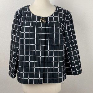 Charter Club Black White Windowpane Open Front Jacket Lined 3/4 Sleeves Toggle L